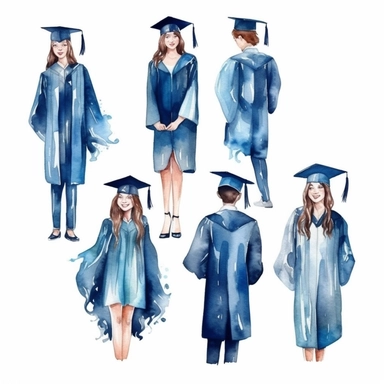 watercolor graduation ceremony related scenes, illustrations clipart set, simple, , cartoon elements ,different variants , separate elements with a margin, ,4k, high resolution