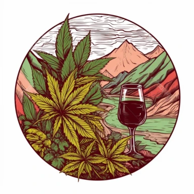 marijuana leaves, wine glass and mountains circular hand drawn jamaican colored clipart vector illustration