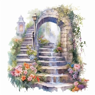 clipart, watercolor stair leading toward a waterfall, in the style of intricate, delicate flower and garden paintings, stone, rough clusters, small brushstrokes, arched doorways, colorful gardens, white background