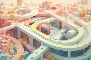 a close up of a infinite loop highway on a white background, james gilleard and james jean, escher, trending on artisation, connectedness, scutoid, mit technology review, by Sam Spratt, dan mcpharlin : : ornate, wormholes, tetris, monolithic, stylized stl, clipart icon, simple 4 colors from gray to metalic blue, vector-based, sharp border, plane color and very define, high quality, digital art, 8k resolution, masterpiece, congruent, amazing, incredible, awe-inspiring, mind-blowing, masterful, in