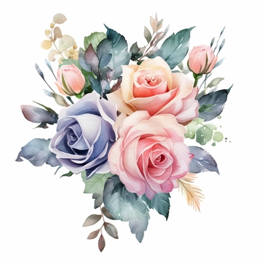 watercolor painted bouquet of mixed colored roses clipart, Flower Border clipart, Minimalist Flower Bouquet clipart, mixed colored roses Clipart roses painting formal glamour elegant style wedding floral bouquet, wedding clipart include babys breath flowers in the bouquet 4