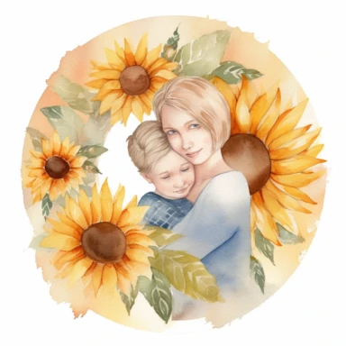 cute watercolor clipart with pale skinned older mom and adult son hugging echother in circle, beautiful, hight quality, pastel colors, white background, decorated with yellow sunflowers