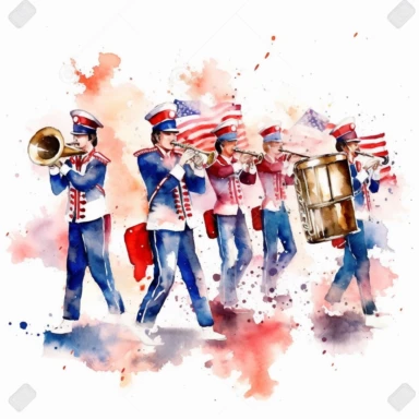 clipart, watercolor, marching band with 4th of July theme and colors, watercolor, white background, v 5.1 s 99