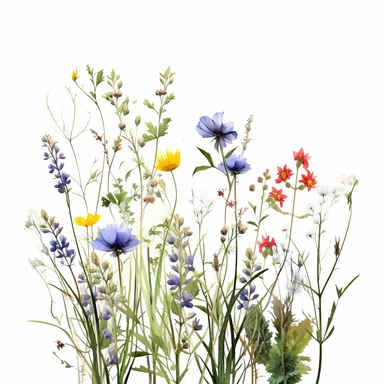 clean minimalistic wildflowers watercolor flower painting, in the style of watercolor landscapes, romantic and nostalgic themes, highly detailed and defined brush strokes of each stalk and grass and buds skillful clipart clean white background high contrast 16k resolution dark outlines