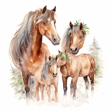 charming family of 4 horse, Christmas morning, festive decor and mood, ornamental watercolor, clipart