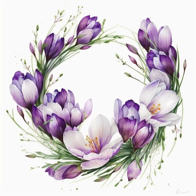 purple crocus flowers, watercolor, floral wreath, clipart design, white background, uplighted