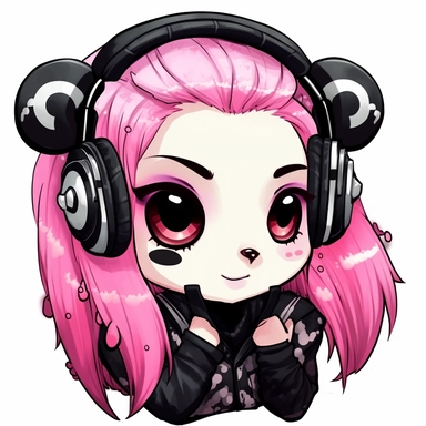 a cute clipart of a panda girl waring headphones and a backpack, white background, black white and pink, in the style of mcdonaldpunk, meme art, comic art, nightcore, cargopunk, wimmelbilder, uhd image, cybergoth, dark white and pink, punk quilts, cryptidcor