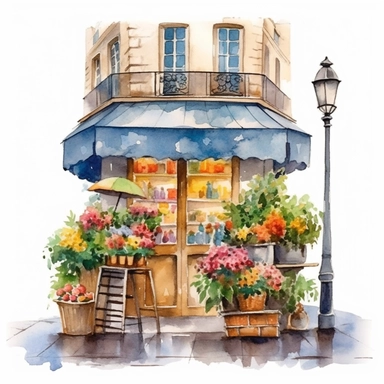 watercolor flower stand in paris clipart, vivid colors, hyper realism