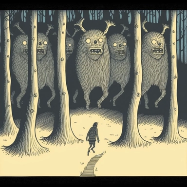 in the style of John Kenn Mortensen, human trail runner with head as a howling wolf, through white birch forest, chased by monsters, ghosts, animals, spooky, colorful, white background, magical, fantasy, vector, clipart, elaborate, ultra-detailed, best quality, well composed, vibrant color tone, trending on artstation, elaborate, cinematic lighting, vibrant colors, high definition