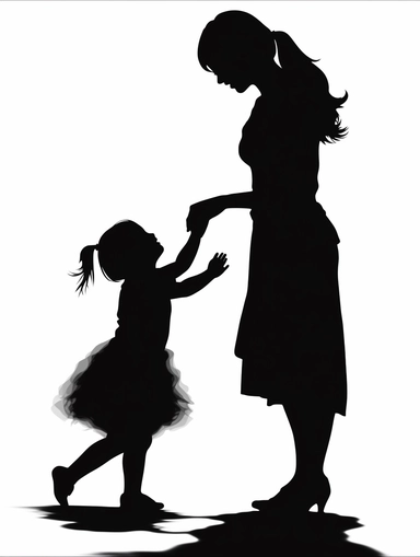 A Chinese mother and 3 year old girl dancing, mother with straight hair, little girl in a dress, silhouette, black and white clipart, vector silhouette, minimal, clear edges, no light or shadow, figure subjects are black, pure white background, clean background, high quality, ultra high definition, high definition, ultra high definition image quality, 32k