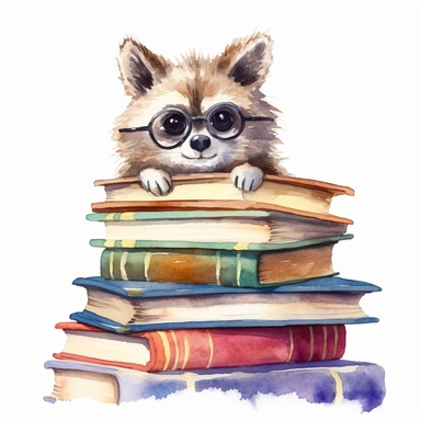an inquisitive watercolor clipart image with a white background, featuring a cute cartoon raccoon bookworm peering over a stack of books