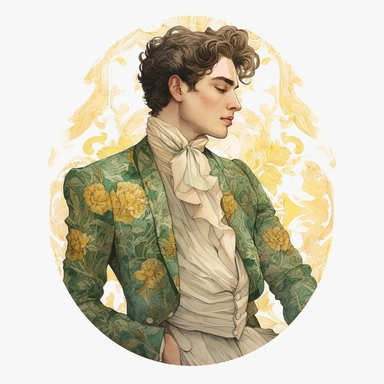 vintage style Detailed light and shadow, 2D outline, A beautifully patterned neo rococo Victorian baroque hyper realistic male lord in varying hues of green, beige and yellow, stunningly beautiful, refined and sophisticated, Hand drawn, cicely mary barker ,realistic watercolor, Clipart, emotionally pleasing watercolor, i can't believe how beatiful this is,accurate detailed line art, white background, intricate detail, clean line art, saturated fantasy watercolor, white background