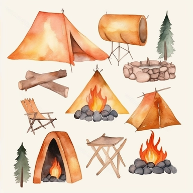 watercolor cartoon camp fires and tents clip art realistic white background