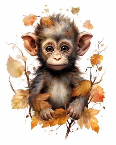 natural saturated baby monkey watercolor design, realistic hyper-detail, in the style of victorian-inspired illustrations,realistic shading, pictorial fabrics, contest winner, organic designs, on a plain white background, clipart, masterpiece, trending on Artstation and Dribbble.