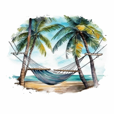watercolor colorful clipart of a lazy hammock between palm trees, hd, on white background