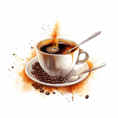 illustration of a cup of coffee, crisp, add embeliishments like tables spoons steam, beautiful, artistic, coffee, clipart, isolated on white background