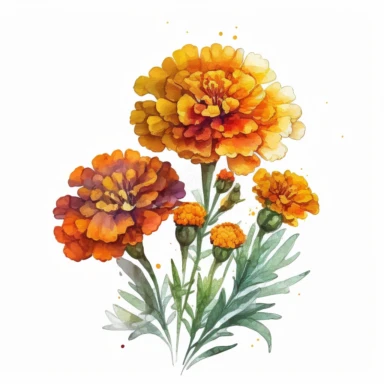 [1516192065] Watercolor clipart. The artist skillfully portrays a burst of marigold blossoms, their cheerful orange and yellow tones blending harmoniously.. White background. No text. No caption. No logo