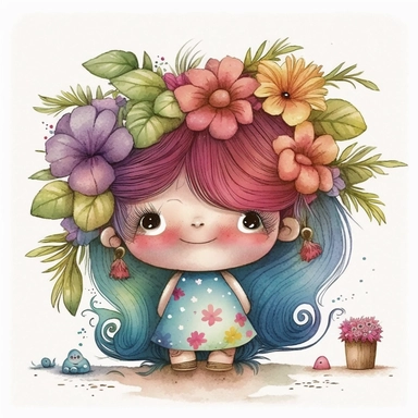 watercolour cute hairdresser style pink little troll girl, summer troll character at the seaside, whimsical, adorable, cute, flowers, full image, big cute adorable eyes, Clipart style, white background