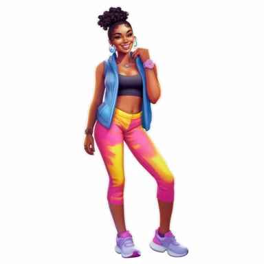 beautiful black teenage girl with beautiful pinned up hairstyle, dressed in bright colored fitness attire. Full perspective and, long shot A young black woman with full lips and a big beautiful smile, dressed in a jogger, has pinned up hairstyle and beautiful shapely legs, wearing sneakers, clipart in the style of digital airbrushing, feminine sticker art, dollcore, realistic face, realistic body, glamorous,