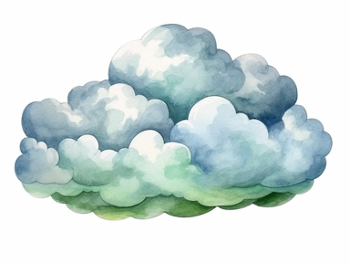 cloud for a children's book, watercolor, clipart, white background, green and white and blue