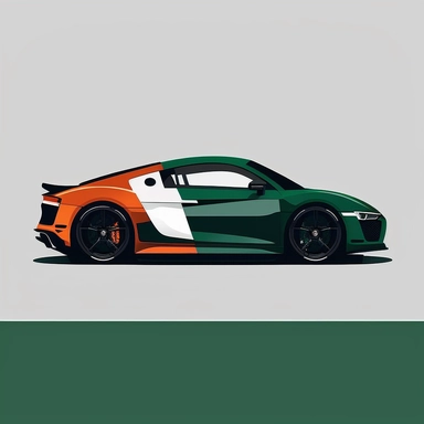 minimalist clipart of a Audi R8 race car. Forest green color. Little traces of orange., flat design, digital art, white background