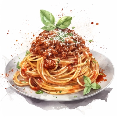 Spaghetti Bolognese Watercolor Clipart: Capture the essence of this classic Italian dish with vibrant watercolor illustrations of spaghetti topped with rich Bolognese sauce and sprinkled with Parmesan cheese, hyper realistic, white background