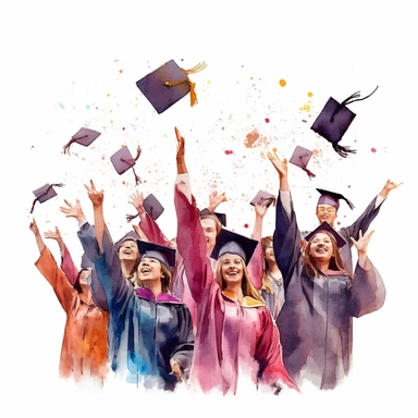 watercolor style, Graduation hat toss: Clipart showing a group of graduates throwing their caps in the air, celebrating the completion of their studies. clipart, isolated on white background, 4K