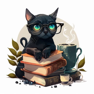 a nerd black cat wearing reading glasses sitting on a pile of books drinking tea, clipart, only white background, 2d, flat