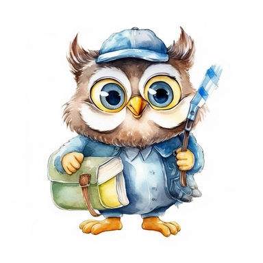 A cute adorable Owl go to school, clipart, wearing a backpack , Watercolor clipart in the style of nursery art children book character, hand drawn, single object, png transparent, white background for removing background - - no text shadow font watermark