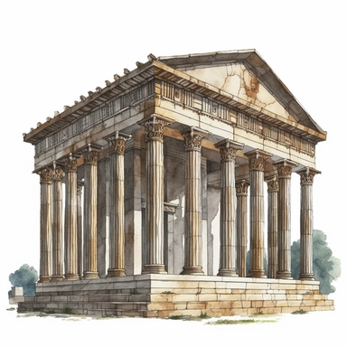 Greek temple with marble columns. Clipart watercolor style, highly detailed, glow, 8k, white background, no caption.