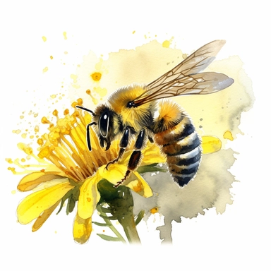 watercolor, white background, no text, clipart of a bee diligently cleaning itself while showcasing the pollen it has collected from flowers. The bee is portrayed in meticulous detail, with its furry body shimmering in hues of yellow and black. The bee is depicted perched on a leaf or flower, focused on its grooming routine. Its delicate legs and antennae are meticulously groomed, removing any dust or debris. The bee's tongue, or proboscis, can be seen partially extended, indicating its engageme