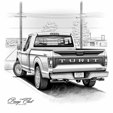 ford F150 pickup truck driving away, zoomed in view of license plate, forced perspective, dynamic angle view, adobe illustrator, illustration, black and white line art, dynamic composition, forced perspective, clipart, blank background