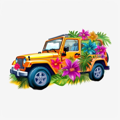 painting of 4 door jeep painted with hawaiian flowers, cartoon, clipart, no background, 8k