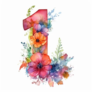 cute watercolour number 1 , fairytale flowers watercolour white background Clipart