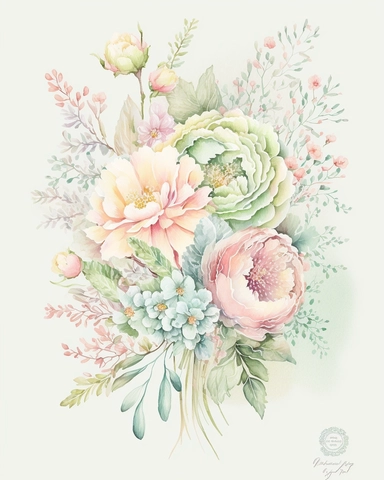 soft colorful pastel colored floral arrangement clipart, soft and subtle, colorful fairy pastel colors watercolor style, fawncore, peonies and roses, pastel green, pink dreamy pastel, dreamy pastel colors, muted pastel colors, colorful dreamy pastel pink and pastel green colorful fairy pastel pink, plain white background, use of fabric, excellent depth of shading in soft watercolor style, watercolor artwork, plain white background for transparent editing
