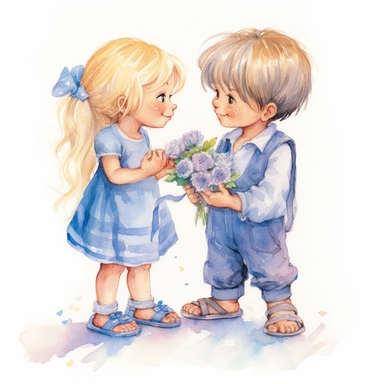 a cute little girl about three years old, with pigtails on her head and blonde hair, wearing a flowing lila dress and socks on her feet, receives a flower as a gift from a cute boy with rosy cheeks about 4 years old, who is in love in her and she is verry happy about it, babyblue, lila, white aquarell, clipart