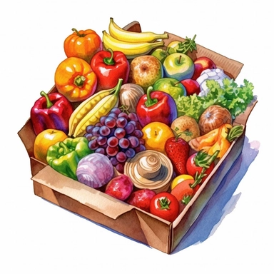 watercolor illustration doodle fresh fruits and vegetable box, in the style of human-canvas integration, mark keathley, rtx on, transavanguardia, captivating, quadratura, cardboard Clipart desert cartoon t-shirt graphic, vector, contour, isolated on a white background