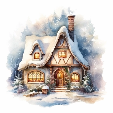 winter scenery, snow, Boho fairy tale cottage house watercolor clipart