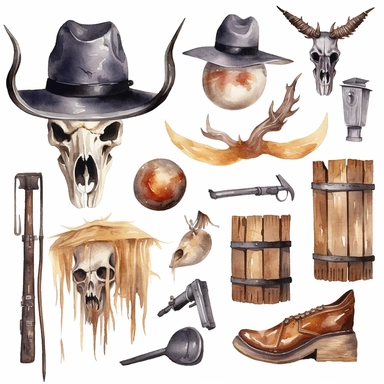 clip art set of halloween styled western art, gun, western barn doors, animal skull, bats, spooky halloween horses, whimsical watercolor painting, separated with white margins between each item, isolated on white background