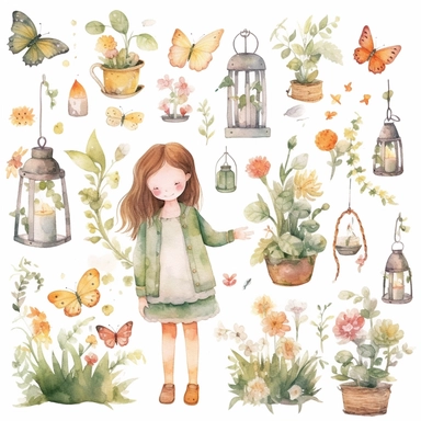 Watercolor garden cute illustrations clip art set, simple, soft colors, cartoon elements, different variants, a tree with lanterns hanging, flowers, , watercolor boho style wooden elements, gardening related items, a a girl with a white dress gardening, white transpare