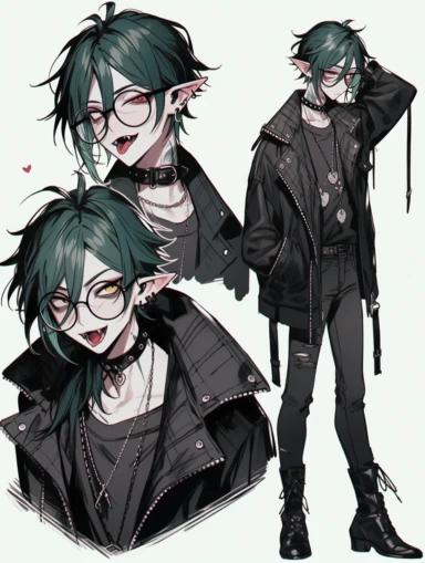 anime boy, messy dark green hair, red eyes, sharp teeth, choker necklace, grey black striped sweater, black pants, hair clip, goth, punk, red, gothic, lip ring, round glasses, pointed ears, vampire, black jacket, full body, man, male, tattoos, reference sheet