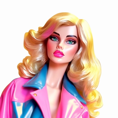 Beautiful pretty barbie doll 80's style, paint art style, detail, clipart, white background, superrealistic, one of a kind