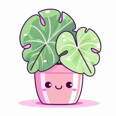 cute clipart icon of green alocasia polly plant in a pot, large, cordate or sagittate leaves on long petioles smiling face inside the leaf, kawaii, anime style, in white background, soft color blending, rounded, in a pink pot