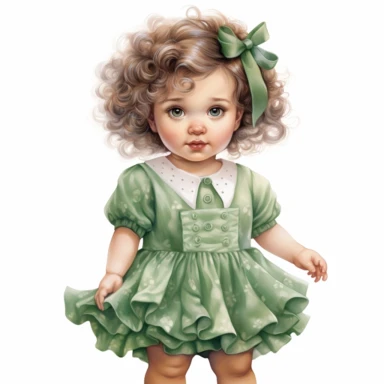 Cute Beautiful Vintage Sassy Little Baby Girl Wearing Green Dress Clothes Sublimation Clipart ,Cartoon,hyper realistic, intricate detail, illustration style,high solution,on the white background