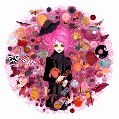 A colourful pink-black-red candy magician with pink hair. in a gothic fantasy style, depicted in a clipart image on a white background. She has a clean charismatic face. The candy-magician is placed in the center of the image and surrounded by mystical candies, cookies, muffins and magical elements, such as bats, potions, and enchanted crystals in a candy style. The image is created with watercolors, giving it a whimsical and mystical feel. character in the style of Aleksi Briclot.
