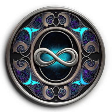 a circular silver badge with a highly ornate blue-purple ceramic inlay depicting an infinity symbol against a vantablack background, simple clipart
