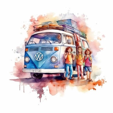 watercolor colorful clipart of a happy family road trip, hd, on white background