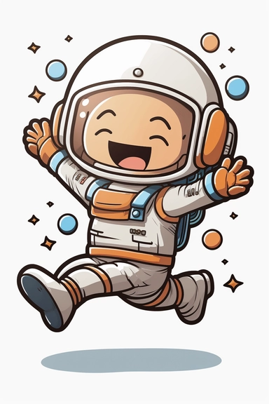 cartoon clipart of a happy astronaut in free fall posture with horizontally stretched arms in kawaii art style. This is for print in demand t-shirt, on a white background, seamless