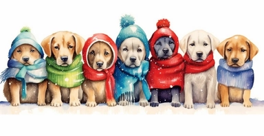 Adorable labrador puppies in a line, dressed in cute christmas outfits, playful, vivid colors, white background, ornamental watercolor clipart, I can't believe how beautiful this is