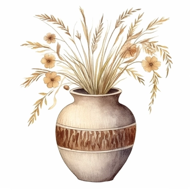 Design a dreamy watercolor clipart of a chinese-inspired ceramic pot with a Bouquet of dried grasses, seed pods, and foliage in shades of brown, tan, and cream for a natural and earthy display composition, hand-painted with soft and graceful brushstrokes. Draw inspiration from the artistic finesse of Ethereal Petals Watercolors for a refined and ethereal depiction. isolated on a white background, hand-drawn illustration, hand-painted watercolor texture, 16k UHD resolution, intricately detailed, 